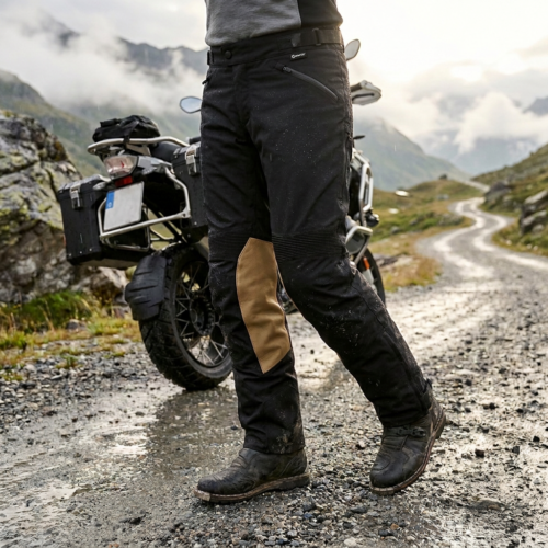 BMW GS Coro GTX motorbroek gedragen op een natte gravelroute