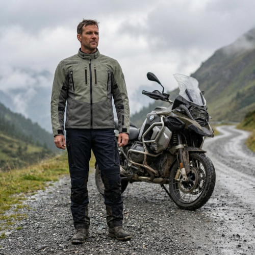 Olijfgroene BMW GS Coro GTX motorjas gedragen op een natte bergroute