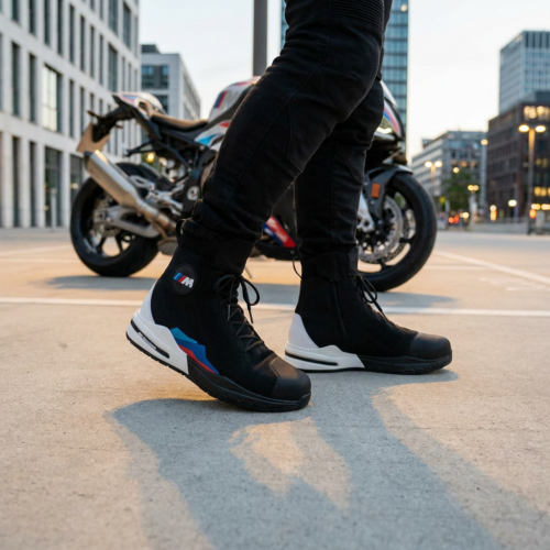 Zwarte BMW Nitrous motorsneakers gedragen naast een sportieve motor