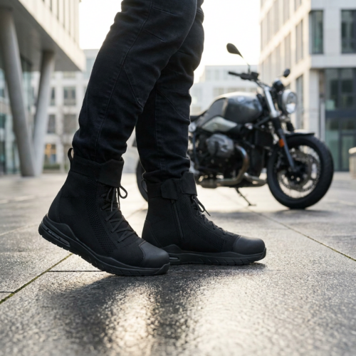 Zwarte BMW Ginza motorsneakers gedragen in een moderne stadsomgeving