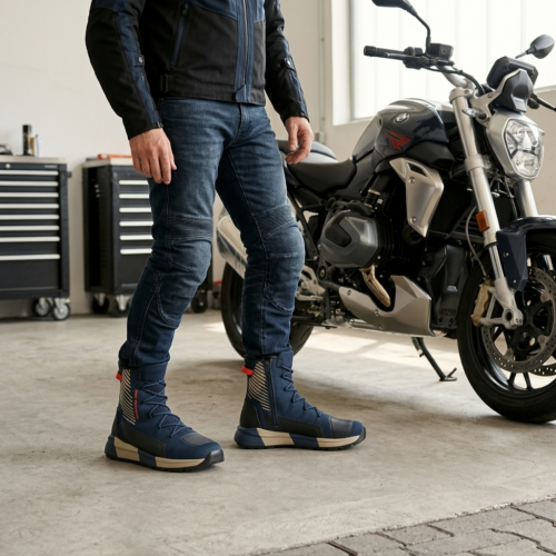 BMW Motorsneakers Knitlite Blauw gedragen door een man in een garage